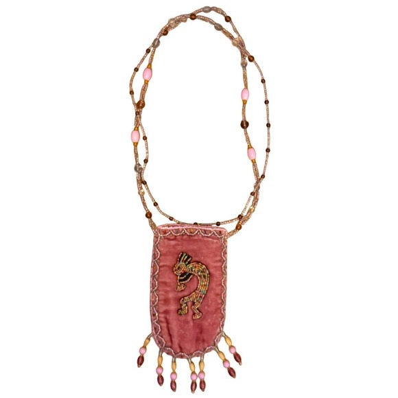 Handmade Handbags - Vintage Pink Velvet Beaded Kokopelli Pouch Necklace Boho Crossbody Mini Bag 90s